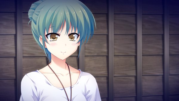 Anime picture 2560x1440 with atled everlasting song highres wide image yellow eyes game cg green hair light smile girl