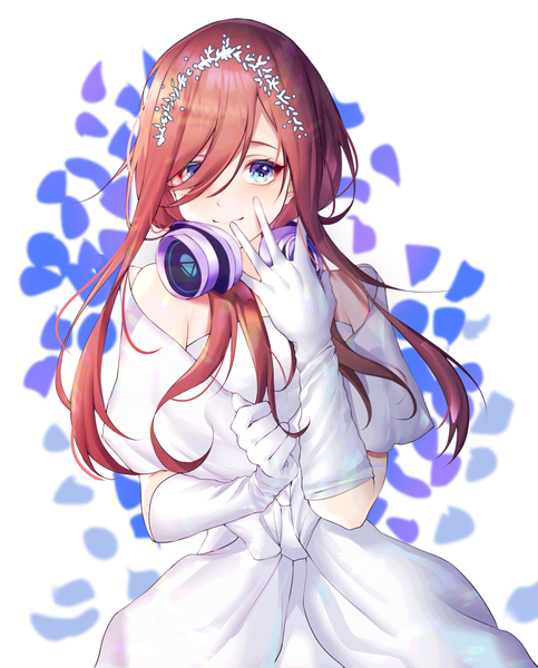 Anime picture 2344x2914 with go-toubun no hanayome nakano miku cym23730 single long hair tall image looking at viewer fringe highres blue eyes simple background hair between eyes standing white background bare shoulders upper body red hair headphones around neck girl dress