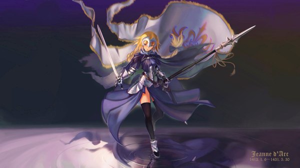 Anime picture 2500x1406 with fate (series) fate/grand order fate/apocrypha jeanne d'arc (fate) (all) jeanne d'arc (fate) ushas single long hair looking at viewer highres blonde hair wide image braid (braids) dark background girl thighhighs dress hair ornament weapon black thighhighs