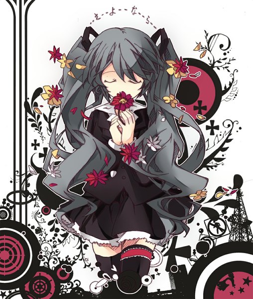 Anime picture 1000x1180 with vocaloid saihate (vocaloid) hatsune miku bondson (artist) single long hair tall image black hair twintails eyes closed drill hair abstract girl thighhighs dress skirt flower (flowers) black thighhighs