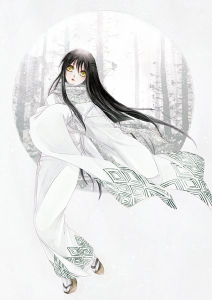 Anime picture 750x1061 with nurarihyon no mago oikawa tsurara humonster hachiretsu long hair tall image black hair standing yellow eyes bent knee (knees) long sleeves traditional clothes japanese clothes wide sleeves leg lift (legs lift) girl plant (plants) tree (trees) scarf forest