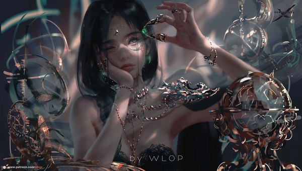 Anime picture 1892x1075 with ghost blade aeolian wlop single long hair highres black hair wide image bare shoulders holding green eyes signed looking away cleavage upper body indoors braid (braids) one eye closed lips realistic