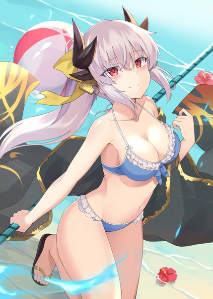 Anime picture 2590x3624 with fate (series) fate/grand order kiyohime (fate) kiyohime (swimsuit lancer) (fate) 100% single long hair tall image looking at viewer blush fringe highres breasts light erotic smile hair between eyes red eyes bare shoulders holding cleavage