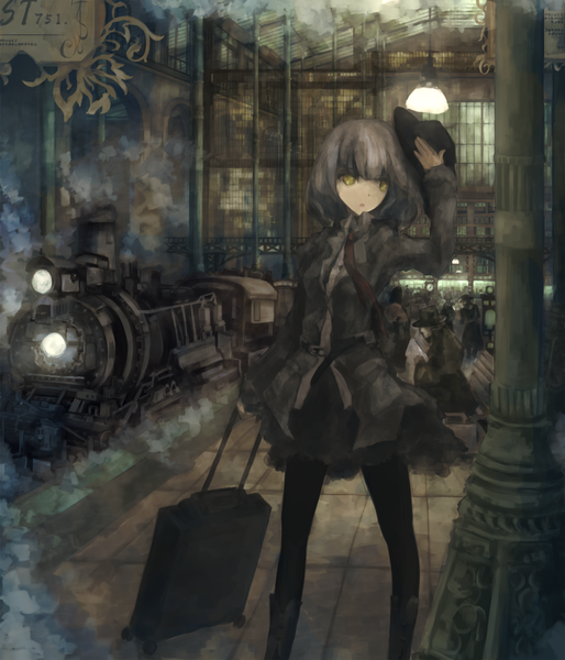 Anime picture 960x1120 with touhou usami renko michi l (streetlamp) single tall image looking at viewer fringe short hair brown hair standing yellow eyes steam punk victorian girl skirt hat necktie clock lamp train station