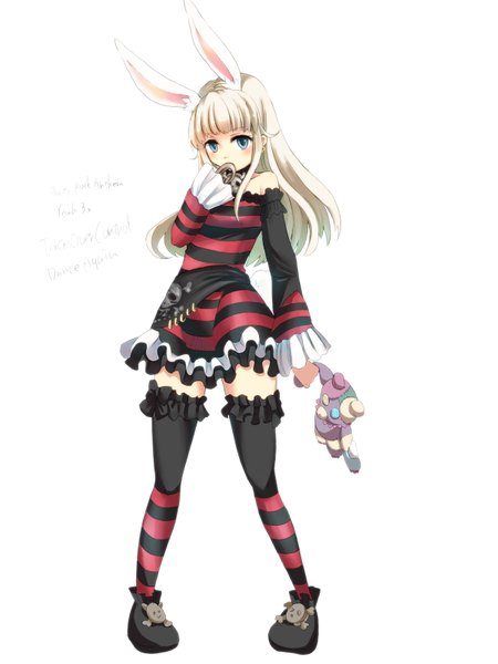 Anime picture 2400x3200 with tera online renn (artist) single long hair tall image blush highres blue eyes blonde hair white background bare shoulders animal ears bunny ears girl thighhighs dress detached sleeves earrings shoes toy