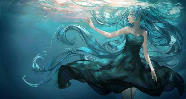 Anime picture 1464x779 with vocaloid shinkai shoujo (vocaloid) hatsune miku g q single fringe breasts wide image twintails bare shoulders cleavage very long hair profile aqua hair sleeveless outstretched arm underwater girl dress water