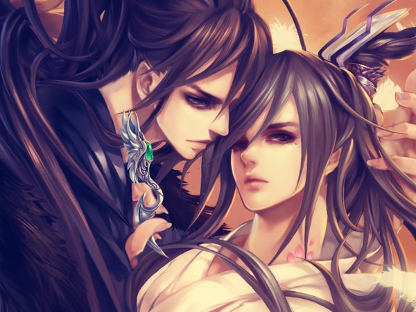 Anime picture 1600x1200 with original futanuki long hair looking at viewer black hair traditional clothes black eyes tattoo couple girl boy hair ornament feather (feathers)