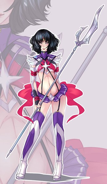 Anime picture 600x1032 with bishoujo senshi sailor moon kill la kill toei animation studio trigger tomoe hotaru sailor saturn takumy single tall image looking at viewer short hair breasts light erotic simple background standing holding pleated skirt bare belly midriff groin