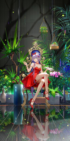 Anime picture 1000x2000 with vocaloid vocaloid china luo tianyi tidsean single long hair tall image looking at viewer fringe smile hair between eyes sitting bare shoulders holding green eyes silver hair full body bent knee (knees) bare legs high heels