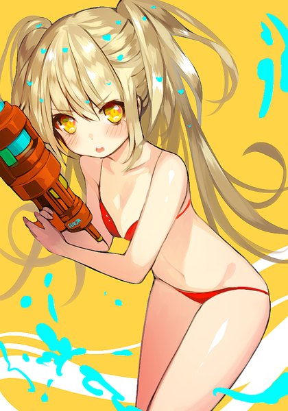 Anime picture 700x1000 with original sorolp single long hair tall image looking at viewer blush fringe light erotic blonde hair standing holding yellow eyes wind leaning two side up leaning forward shiny skin yellow background >:o