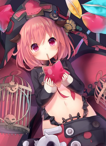Anime picture 1000x1378 with last period sly (last period) nachi single tall image looking at viewer blush fringe short hair light erotic hair between eyes holding pink hair lying long sleeves pink eyes horn (horns) bare belly on back mouth hold