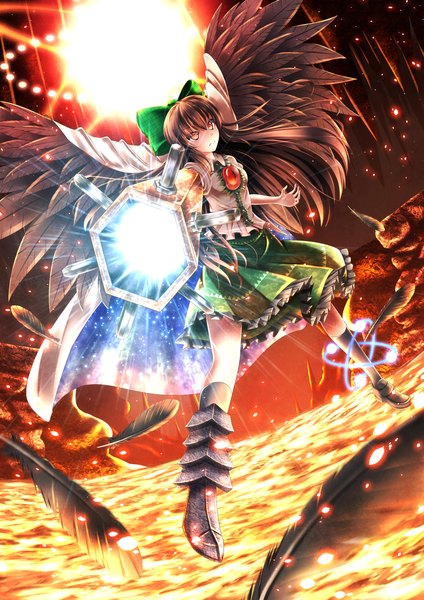 Anime picture 1320x1866 with touhou reiuji utsuho ddfftasogare single long hair tall image brown hair brown eyes starry sky print arm cannon space print girl dress bow weapon hair bow wings socks boots black socks