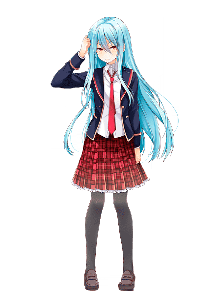 Anime picture 640x880 with girlfriend (kari) kayashima otome qp:flapper single long hair tall image blush red eyes blue hair looking away full body official art transparent background hand on head girl uniform school uniform pantyhose