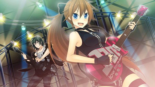 Anime picture 1280x720 with natsuiro asagao residence long hair blush open mouth blue eyes brown hair wide image game cg ponytail girl boy fingerless gloves guitar bass guitar