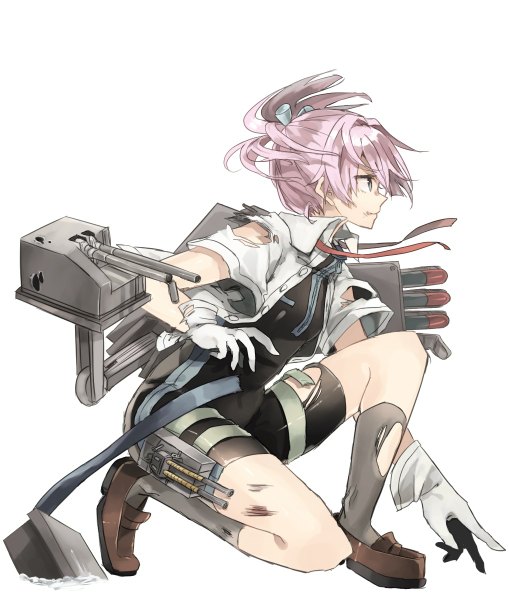 Anime picture 1017x1200 with kantai collection shiranui destroyer chibirisu single tall image short hair simple background white background pink hair ponytail profile aqua eyes wind torn clothes squat girl gloves socks white gloves black socks