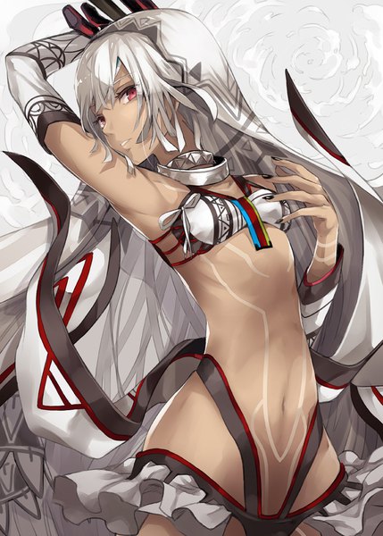 Anime picture 715x1000 with fate (series) fate/grand order altera (fate) pokimari single tall image looking at viewer short hair light erotic red eyes white hair nail polish parted lips fingernails dark skin arm behind head bodypaint girl navel detached sleeves