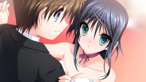 Anime picture 1280x720 with koisuru otome to shugo no tate masaki riri kisaragi shuuji long hair short hair blue eyes black hair wide image game cg couple girl dress boy