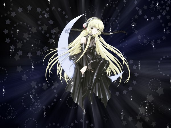 Anime picture 1024x768 with chobits chii freya blonde hair sitting yellow eyes very long hair crescent gothic moon star (stars)