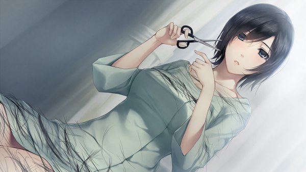 Anime picture 1280x720 with kara no shoujo kara no shoujo 2 innocent grey kayahara yukiko sugina miki single looking at viewer fringe short hair breasts black hair wide image sitting holding game cg hairdressing cutting hair girl curtains scissors