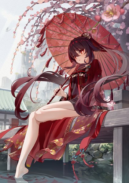 Anime picture 2935x4175 with genshin impact hu tao (genshin impact) bibi (obb spl) single long hair tall image fringe highres hair between eyes red eyes brown hair sitting twintails full body outdoors traditional clothes barefoot bare legs symbol-shaped pupils chinese clothes