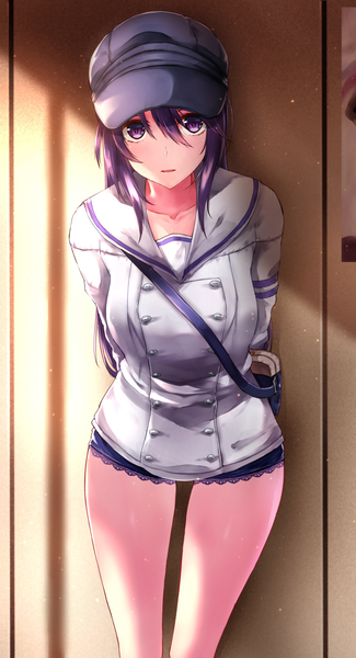 Anime picture 1626x3000 with alice gear aegis nikotama mai puru (ex-150) single long hair tall image looking at viewer blush fringe breasts open mouth hair between eyes standing purple eyes purple hair hands behind back sailor collar double buttons against wall girl
