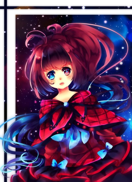 Anime picture 872x1200 with original maruuki single long hair tall image blush open mouth blue eyes red hair pink eyes heterochromia girl dress star (stars)