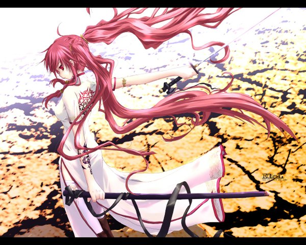Anime picture 1280x1024 with original long hair red eyes twintails pink hair red hair very long hair tattoo chinese clothes girl thighhighs sword chinese dress