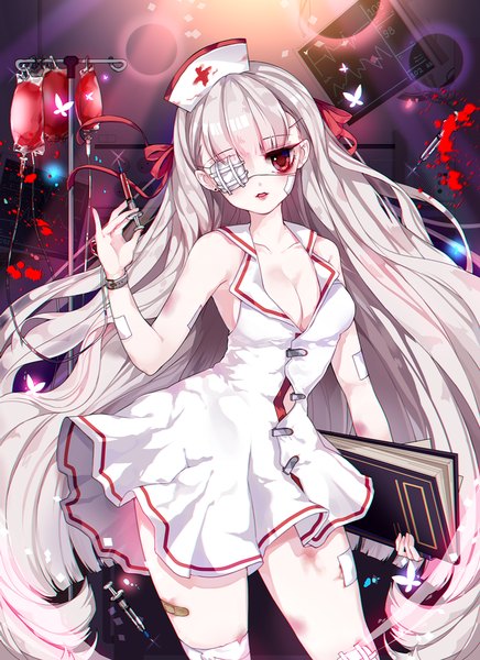 イラスト 740x1017 と オリジナル harin 0 ソロ 長身像 カメラ目線 おっぱい 赤い目 cleavage white hair very long hair parted lips head tilt no bra nurse アルビノ 女の子 ドレス 制服 リボン ちょう結び