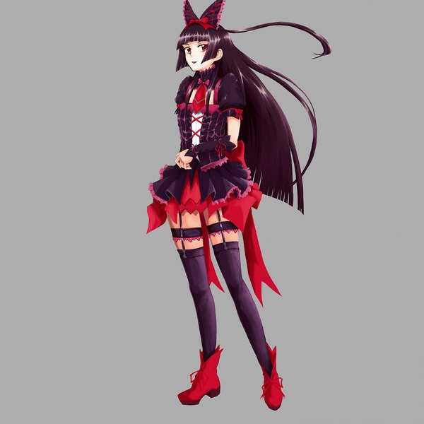 Anime picture 2083x2083 with gate - jieitai ka no chi nite kaku tatakaeri a-1 pictures rory mercury subete no houkou single long hair looking at viewer fringe highres black hair simple background smile red eyes standing full body blunt bangs parted lips grey background high heels lolita fashion