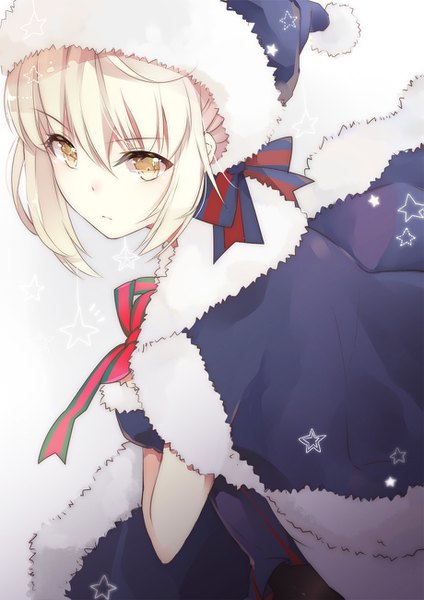 Anime picture 919x1300 with fate (series) fate/grand order artoria pendragon (all) santa alter s.a neko single tall image looking at viewer fringe blonde hair hair between eyes yellow eyes looking back sparkle fur trim glowing star print girl bow ribbon (ribbons)