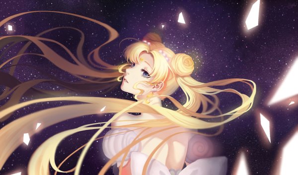 Anime picture 1452x854 with bishoujo senshi sailor moon toei animation tsukino usagi princess serenity akl single blue eyes blonde hair wide image twintails looking away very long hair hair bun (hair buns) girl dress white dress