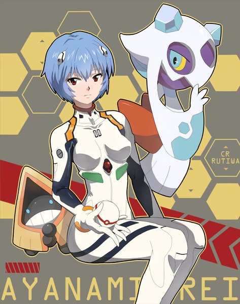 Anime picture 1000x1269 with pokemon neon genesis evangelion nintendo gainax ayanami rei froslass snorunt rutiwa (artist) single tall image looking at viewer fringe short hair breasts hair between eyes red eyes sitting holding signed blue hair