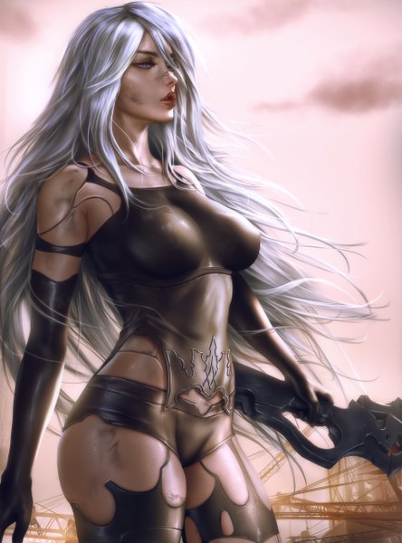 Anime picture 3807x5142 with nier nier:automata yorha type a no. 2 logan cure single long hair tall image fringe highres breasts light erotic hair between eyes large breasts standing bare shoulders holding payot looking away absurdres sky