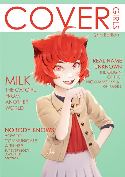 Anime-Bild 1292x1826 mit original milk (jubi) jubi (regiana) single tall image looking at viewer fringe short hair open mouth red eyes signed animal ears upper body ahoge red hair pleated skirt cat ears realistic grey background cat girl