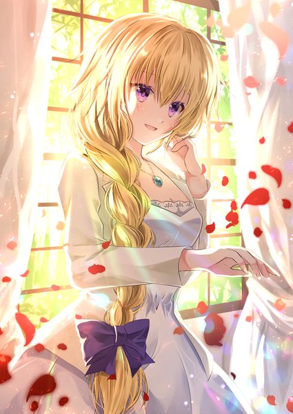 Anime picture 1062x1500 with fate (series) fate/apocrypha jeanne d'arc (fate) (all) jeanne d'arc (fate) iroha (shiki) single long hair tall image blush fringe breasts open mouth blonde hair smile hair between eyes standing purple eyes cleavage indoors braid (braids)