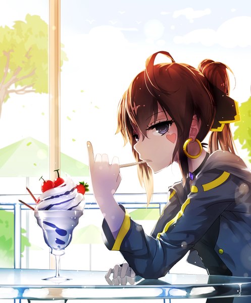 Anime picture 1326x1600 with original qian ye (qys3) qys3 single long hair tall image looking at viewer brown hair ahoge ponytail grey eyes facial mark eating casual girl ribbon (ribbons) hair ribbon earrings food table