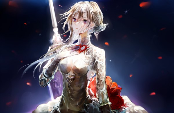 Anime picture 1538x1000 with sinoalice snow white (sinoalice) vertigowitch single long hair fringe light erotic hair between eyes brown hair purple eyes payot looking away cleavage upper body hand on chest dark background girl weapon petals