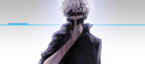 Anime picture 1400x620 with tokyo ghoul studio pierrot kaneki ken single looking at viewer fringe short hair silver hair grey eyes wallpaper finger to mouth boy mask