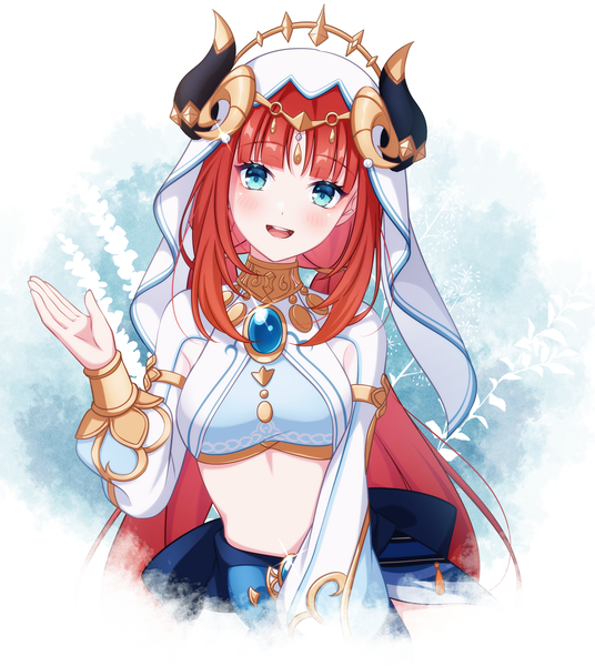 Anime picture 2171x2430 with genshin impact nilou (genshin impact) pochimaru (marumaru wanwan) single long hair tall image looking at viewer blush fringe highres open mouth blue eyes twintails red hair blunt bangs head tilt :d horn (horns) midriff low twintails