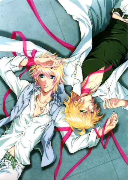 Anime picture 1594x2240 with uta no prince-sama a-1 pictures kurusu shou shinomiya satsuki tall image looking at viewer short hair simple background blonde hair green eyes lying nail polish aqua eyes grey background multiple boys couple partially open clothes open pants boy navel