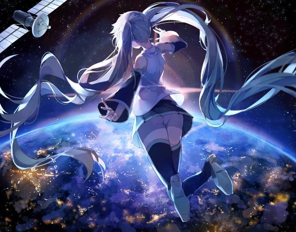 Anime picture 2700x2121 with vocaloid hatsune miku pino ko yeej chan single highres light erotic twintails bare shoulders full body bent knee (knees) very long hair pleated skirt from behind night wide sleeves night sky lens flare spread arms space