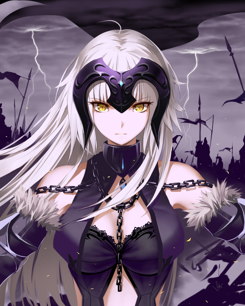 Anime picture 1024x1280 with fate (series) fate/grand order jeanne d'arc (fate) (all) jeanne d'arc alter (fate) jeanne d'arc alter (avenger) (third ascension) (fate) sony kisaragi single long hair tall image looking at viewer fringe breasts signed yellow eyes payot sky silver hair cloud (clouds) ahoge upper body