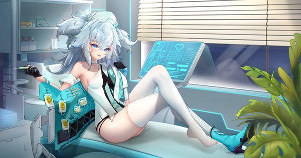 Anime picture 4506x2376 with girls frontline girls' frontline neural cloud pa-15 (girls frontline) florence (neural cloud) liu liaoliao single long hair looking at viewer blush fringe highres breasts open mouth blue eyes light erotic smile hair between eyes wide image sitting holding