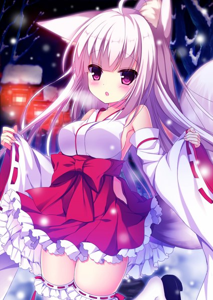 Anime picture 700x989 with original shibainu niki single long hair tall image looking at viewer blush fringe breasts large breasts purple eyes bare shoulders animal ears ahoge bent knee (knees) white hair tail blunt bangs traditional clothes japanese clothes