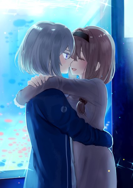 Anime picture 1443x2035 with touken ranbu nitroplus honebami toushirou saniwa (touken ranbu) female saniwa (touken ranbu) asuma (hanezu) long hair tall image blush short hair open mouth smile brown hair purple eyes eyes closed profile grey hair sparkle couple hug