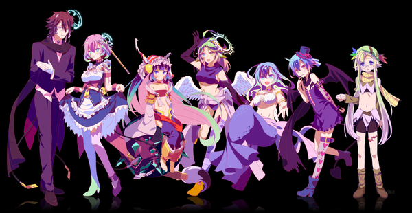 Anime picture 1701x879 with no game no life madhouse horou (no game no life) azriel plum (no game no life) einithi ymirein laira nina cliffe fuchima long hair looking at viewer blush fringe highres breasts open mouth blue eyes light erotic blonde hair