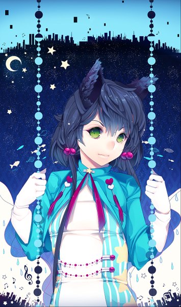 Anime picture 975x1647 with loyproject single long hair tall image looking at viewer fringe black hair green eyes animal ears crescent girl moon clothes