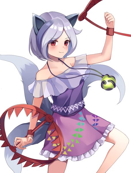 Anime picture 2122x2800 with touhou mitsugashira enoko koizumo single tall image blush highres short hair simple background smile red eyes white background animal ears silver hair tail animal tail multicolored hair streaked hair multiple tails dog ears