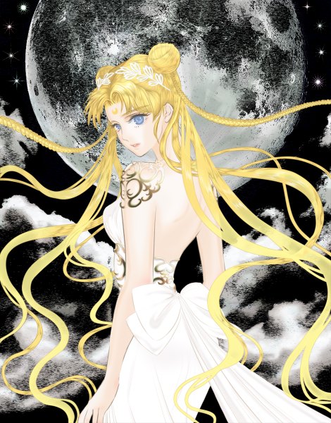Anime picture 940x1200 with bishoujo senshi sailor moon toei animation princess serenity single long hair tall image blue eyes simple background blonde hair twintails cloud (clouds) braid (braids) from behind night grey eyes hair bun (hair buns) night sky back black background smoke