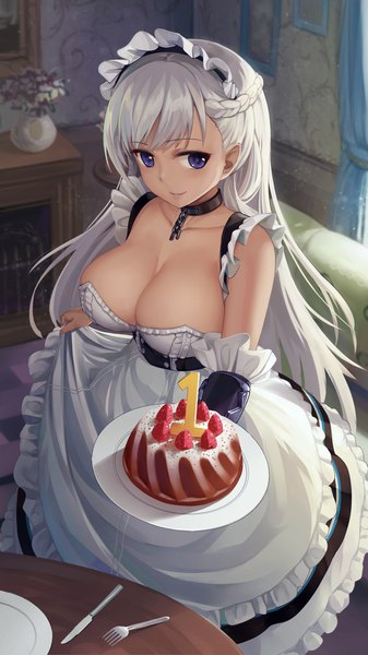 Anime picture 1080x1920 with azur lane belfast (azur lane) xiaoyin li single long hair tall image looking at viewer blush fringe breasts blue eyes light erotic large breasts standing cleavage silver hair indoors braid (braids) light smile maid